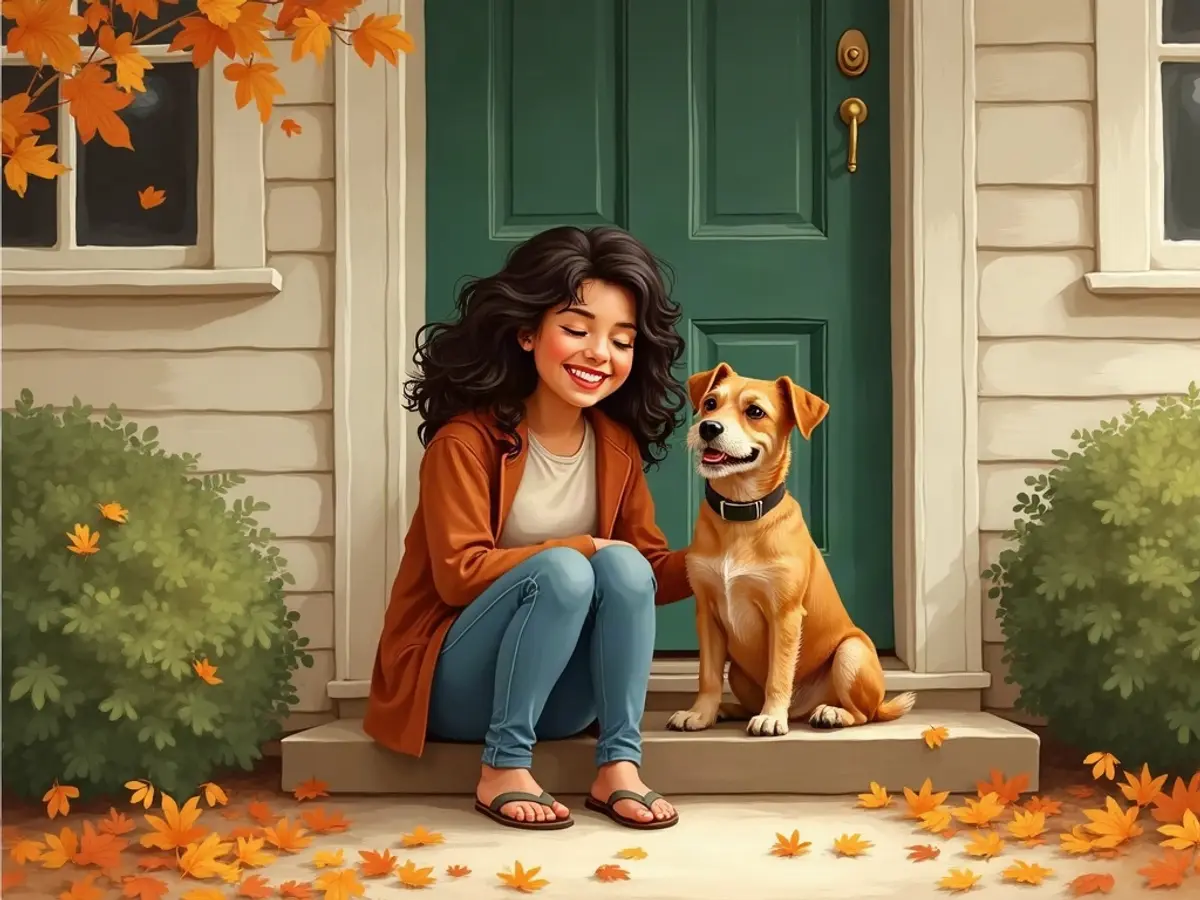 Example spread illustration: a woman laughing on a porch step with her terrier leaning against her