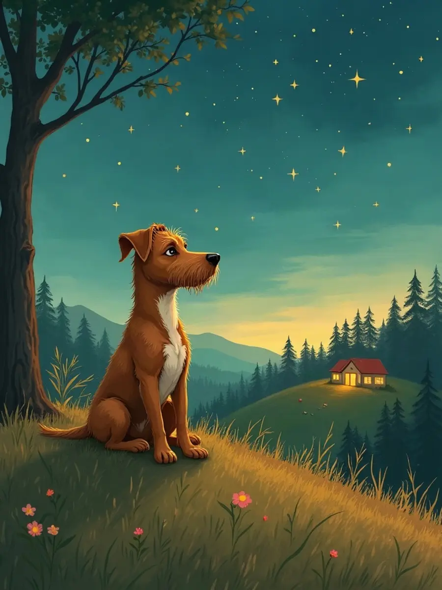 Example storybook cover illustration of a scruffy terrier on a hill under an evening sky