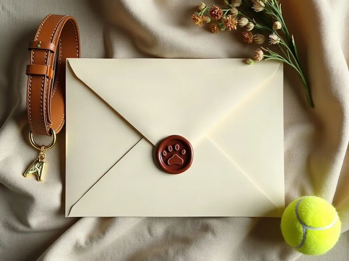 A cream envelope with a paw print wax seal beside a dog collar, tennis ball and dried flowers