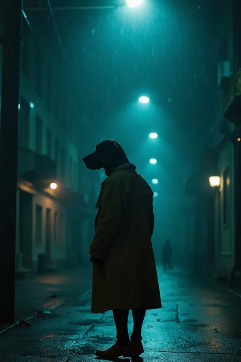Example poster art of a bloodhound in a trench coat on a rainy street