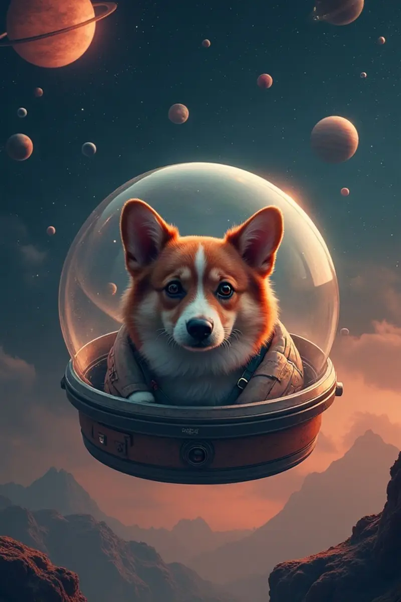 Example poster art of a corgi in a space helmet among planets